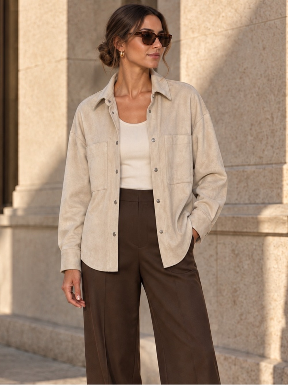 Zara Faux Suede Shacket Womens Small Beige Oversized Snap Front Shirt Jacket